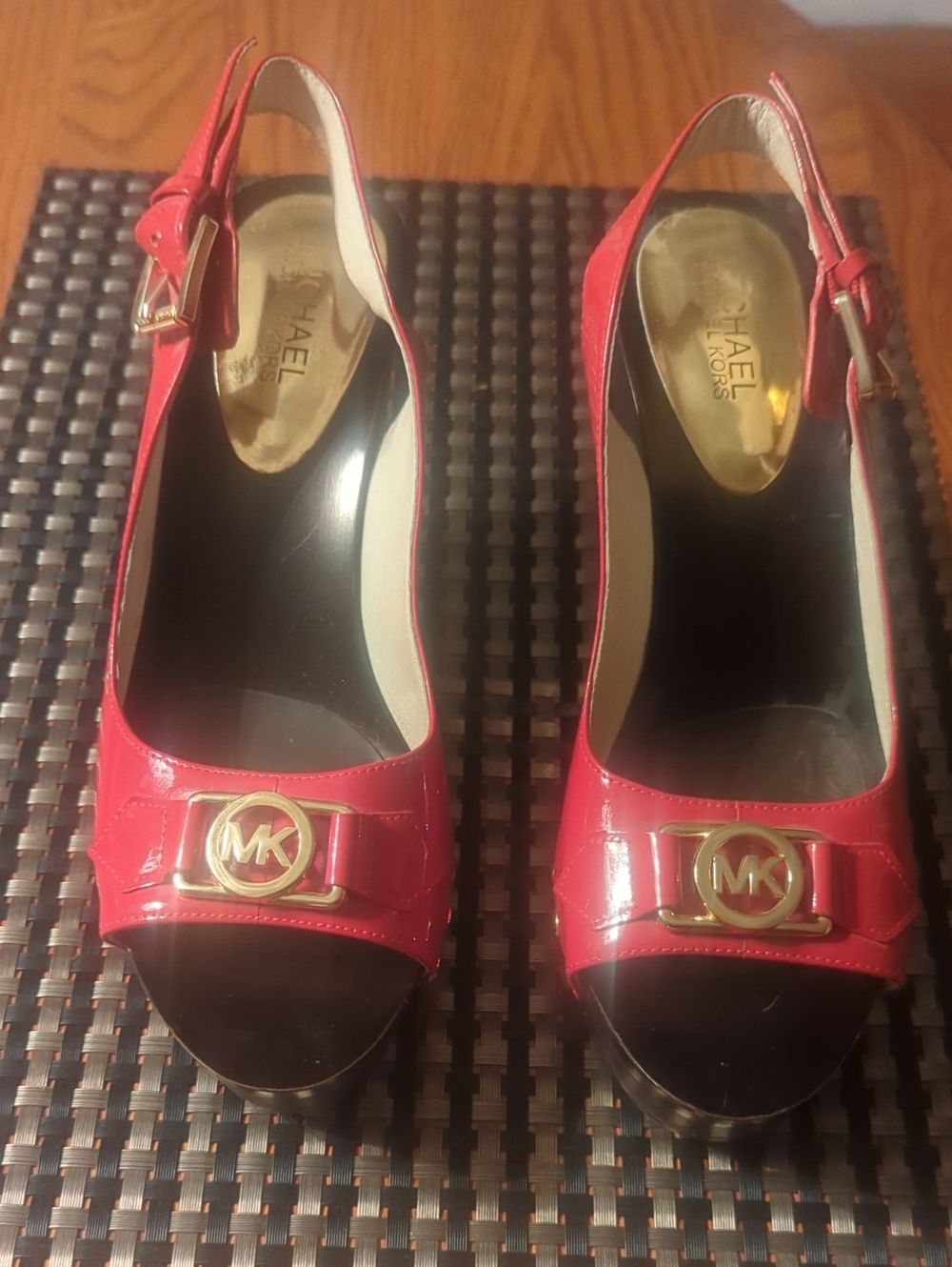 Michael Kors Red Patent Peep-Toe Slingback Heels with Gold MK Accent